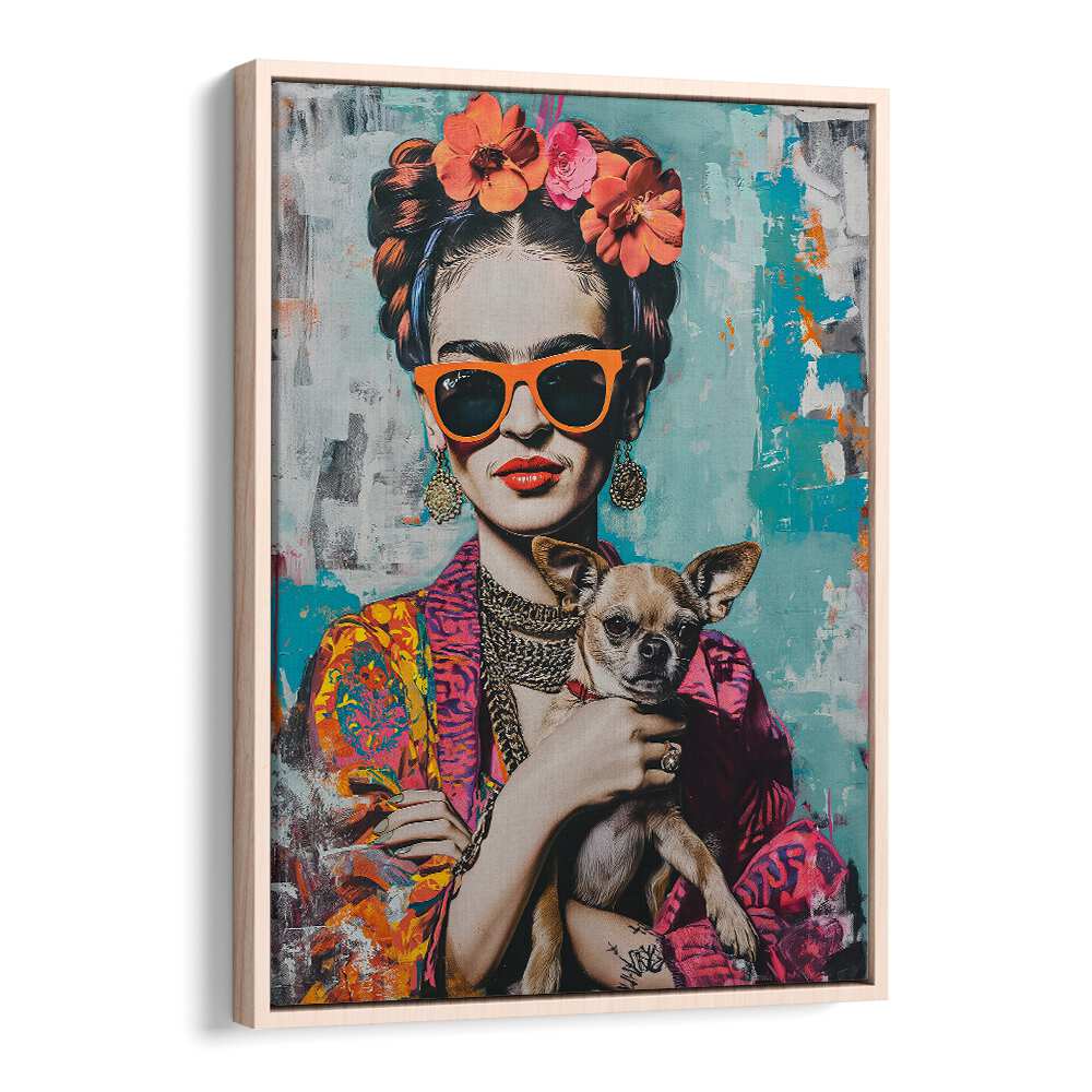 Frida Chihuahua Pop Art Paintings Pop Art Prints in Oak Wood Floater Frame