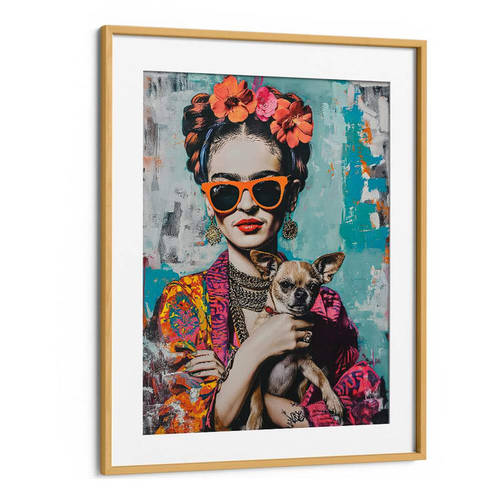 Frida Chihuahua Pop Art Paintings Pop Art Prints in Oak Wood Frame With Mount