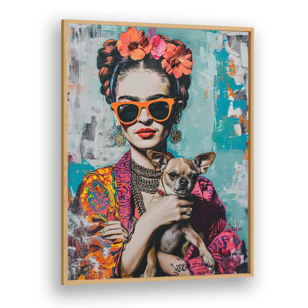 Frida Chihuahua Pop Art Paintings Pop Art Prints in Oak Wood Plain Frame