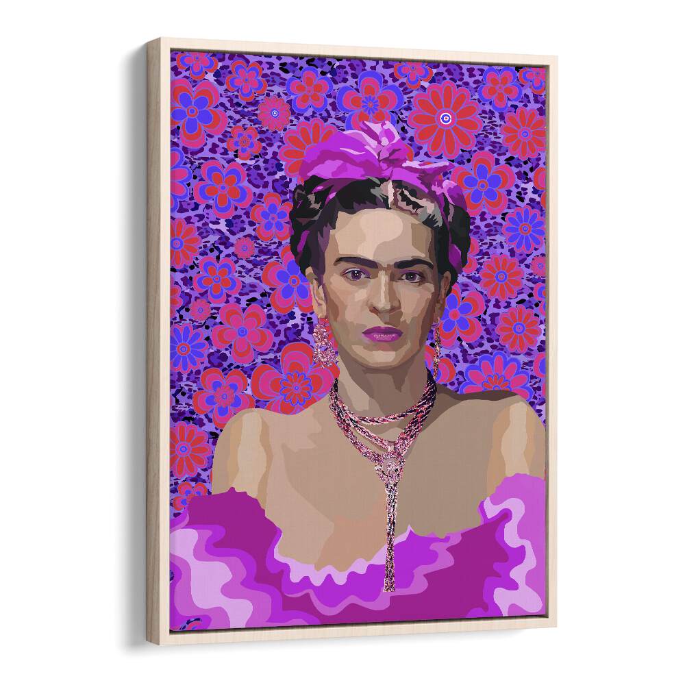 Frida In Purple Flowers By Lynnda Rakos Pop Art Paintings Pop Art Prints in Oak Wood Floater Frame