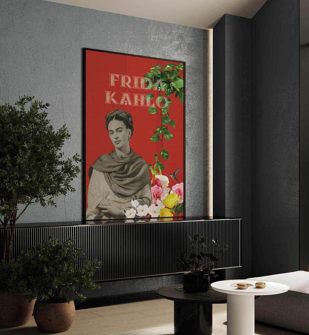 Frida Kahlo By Grishma Korjani Artist Tribute Posters in Black Plain Frame placed on a Console Table in the Drawing Room