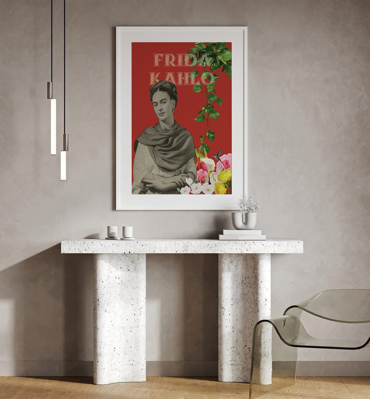 Frida Kahlo By Grishma Korjani Artist Tribute Posters in White Frame With Mount placed on a Beige Colored Wall 