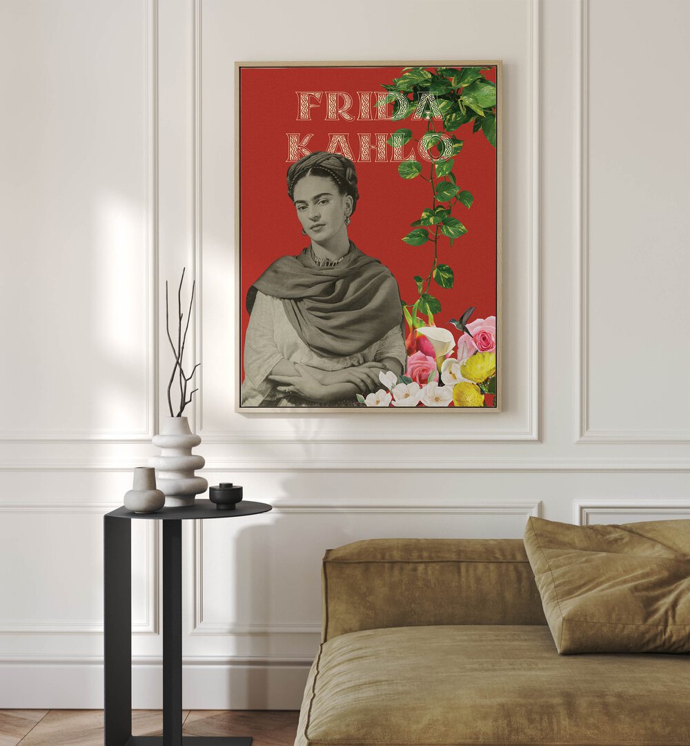 Frida Kahlo By Grishma Korjani Artist Tribute Posters in Oak Wood Floater Frame placed on a White Colored Wall in the Living Room