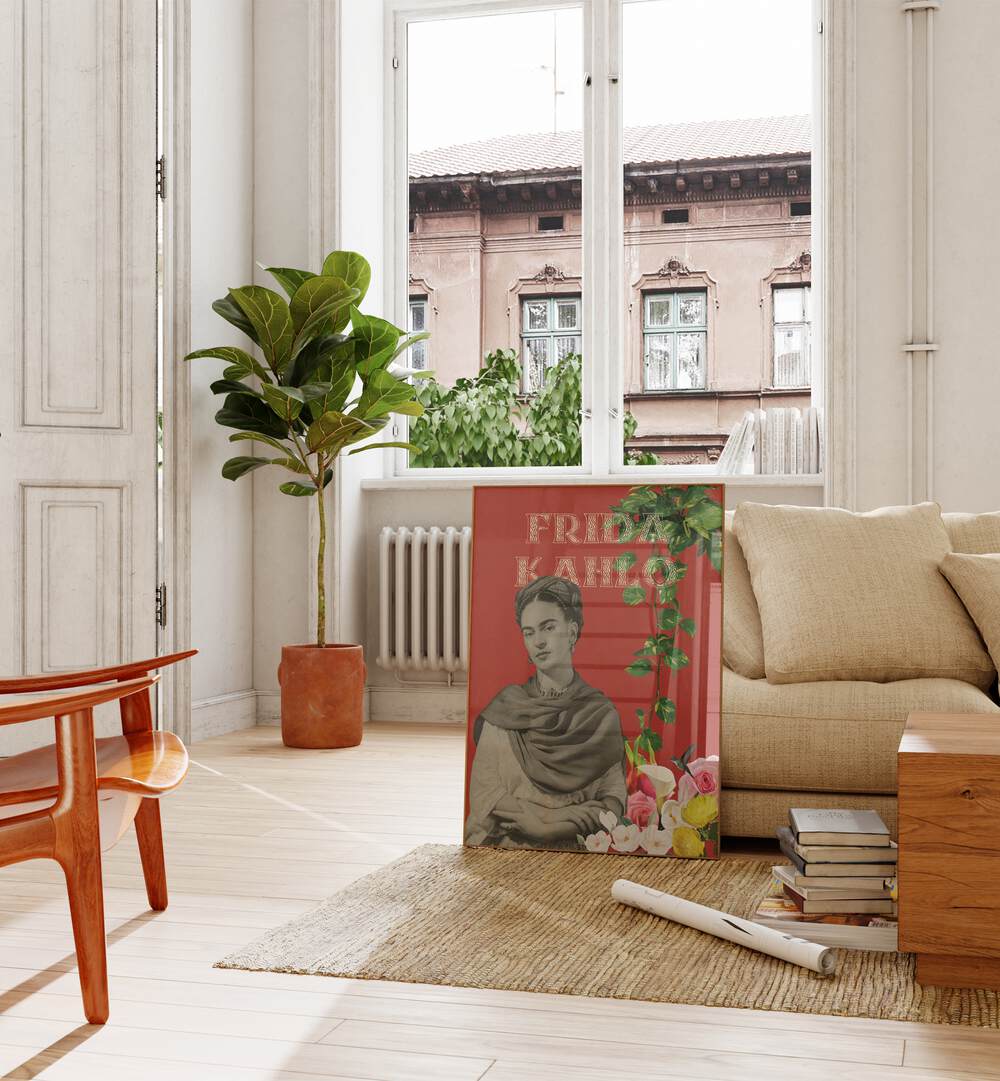 Frida Kahlo By Grishma Korjani Artist Tribute Posters in Oak Wood Plain Frame placed on a Floor in the Living Room