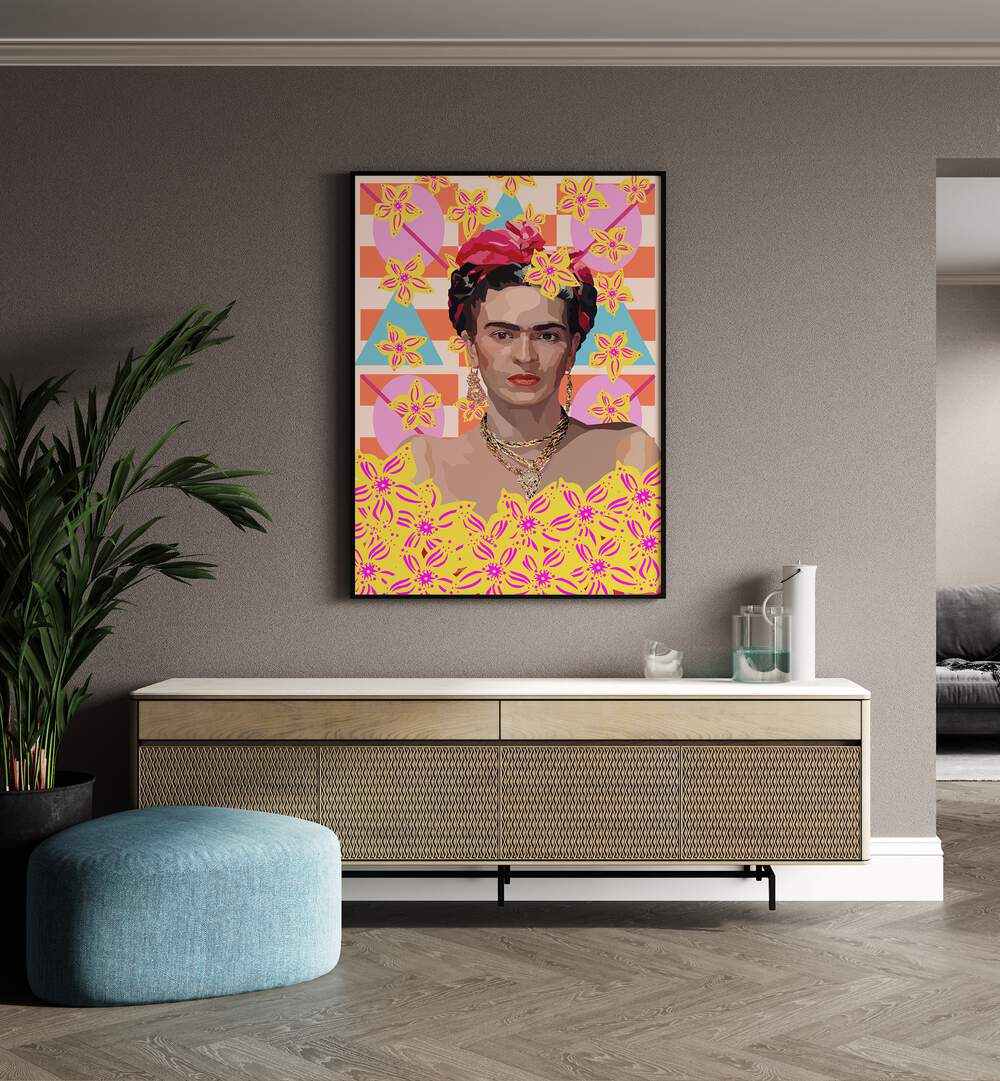 Frida With Flowers By Lynnda Rakos Pop Art Paintings Pop Art Prints in Black Plain Frame placed on a wall behind a console table