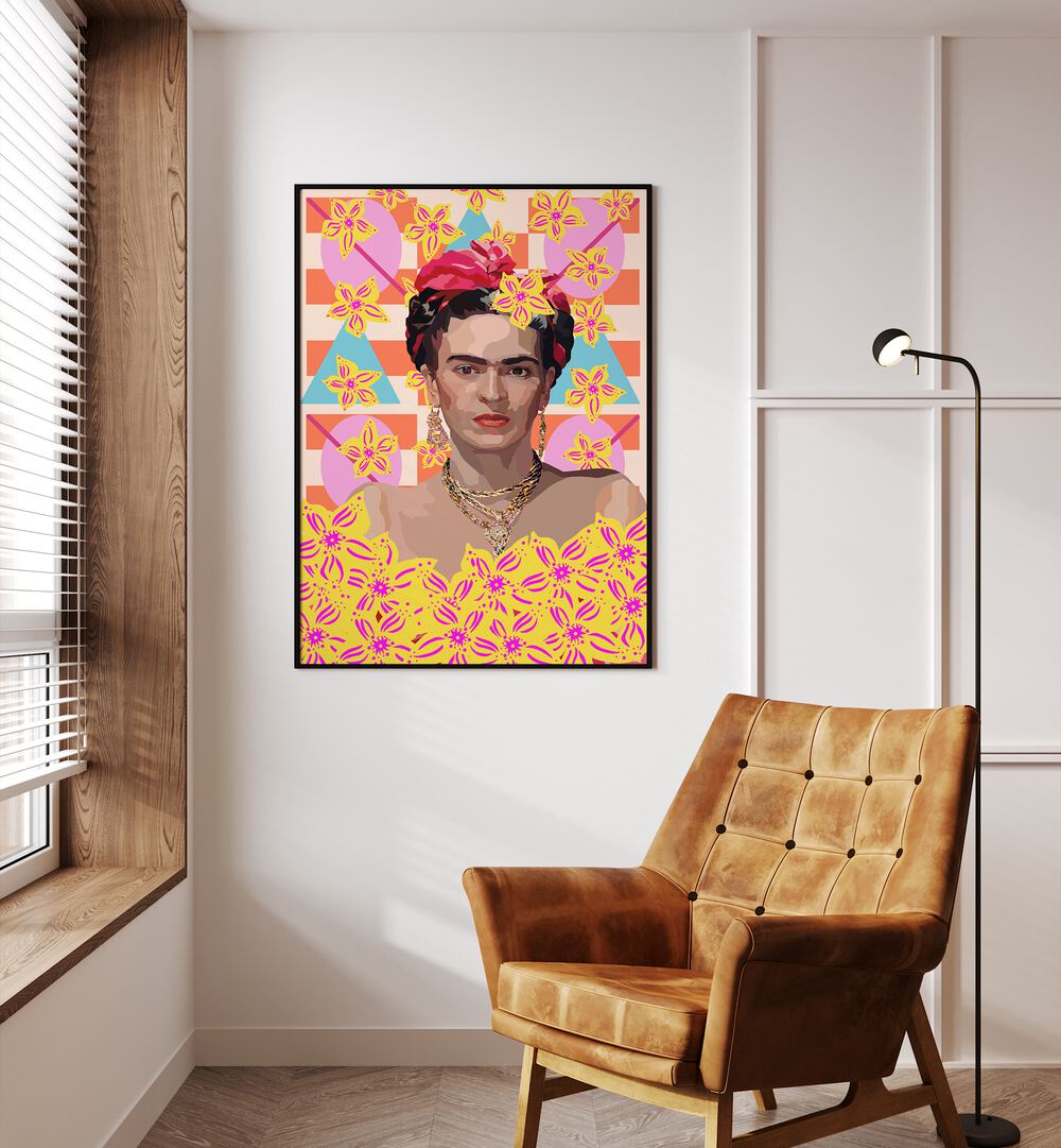 Frida With Flowers By Lynnda Rakos Pop Art Paintings Pop Art Prints in Black Plain Frame placed on a wall beside a sofa and a window