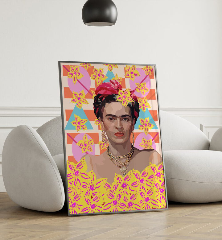 Frida With Flowers By Lynnda Rakos Pop Art Paintings Pop Art Prints in Black Plain Frame placed on the floor beside a sofa