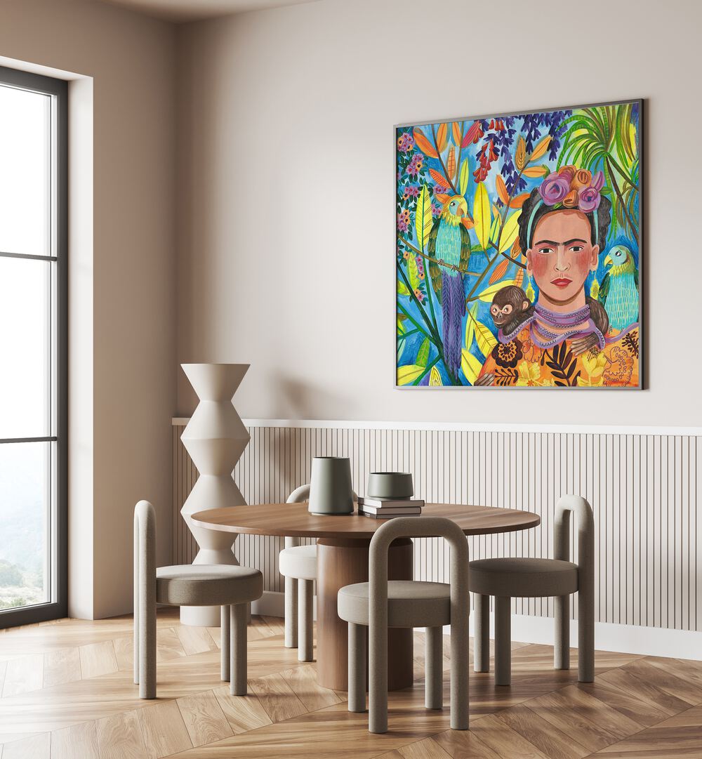 Vibrant FRIDA WITH PARROTS, PORTRAITS artwork by Caroline Bonne Muller, showcasing Frida Kahlo's colorful spirit.