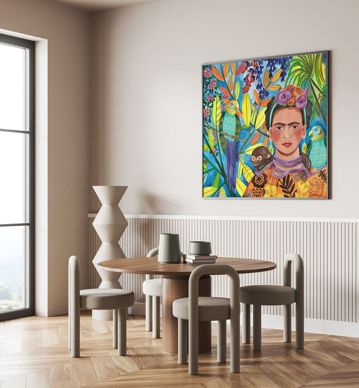 Frida and Her Parrots By Caroline Bonne Muller Woman Illustration Paintings in Black Plain Frame on a cream wall behind a dining table for dining area