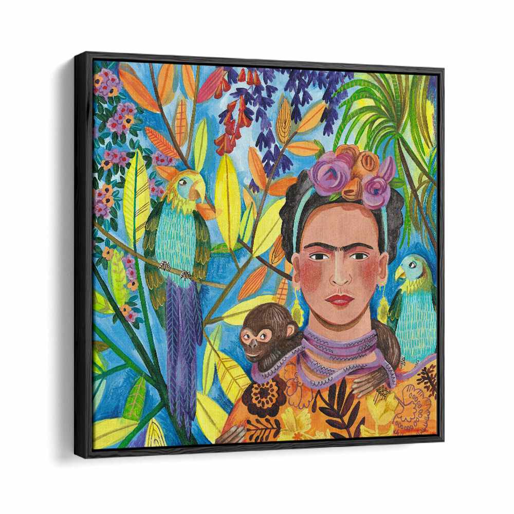 Frida and Her Parrots By Caroline Bonne Muller Woman Illustration Paintings in Black Floater Frame