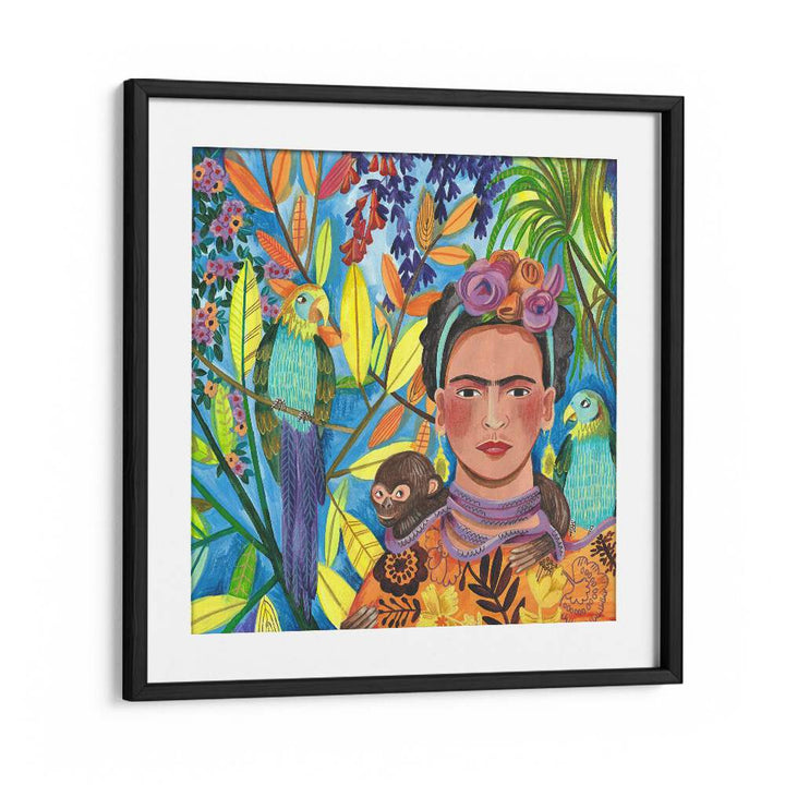 Frida and Her Parrots By Caroline Bonne Muller Woman Illustration Paintings in Black Frame With Mount