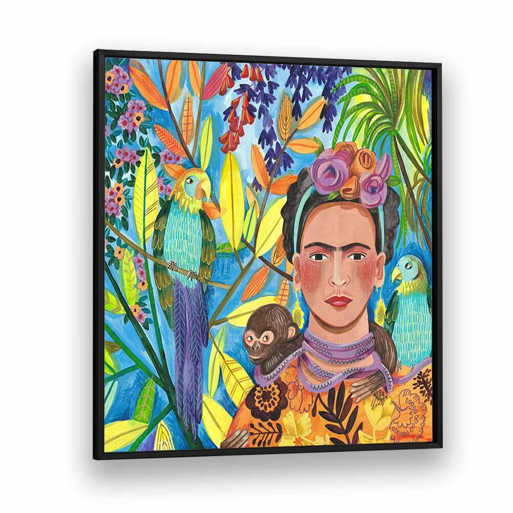 Frida and Her Parrots By Caroline Bonne Muller Woman Illustration Paintings in Black Plain Frame