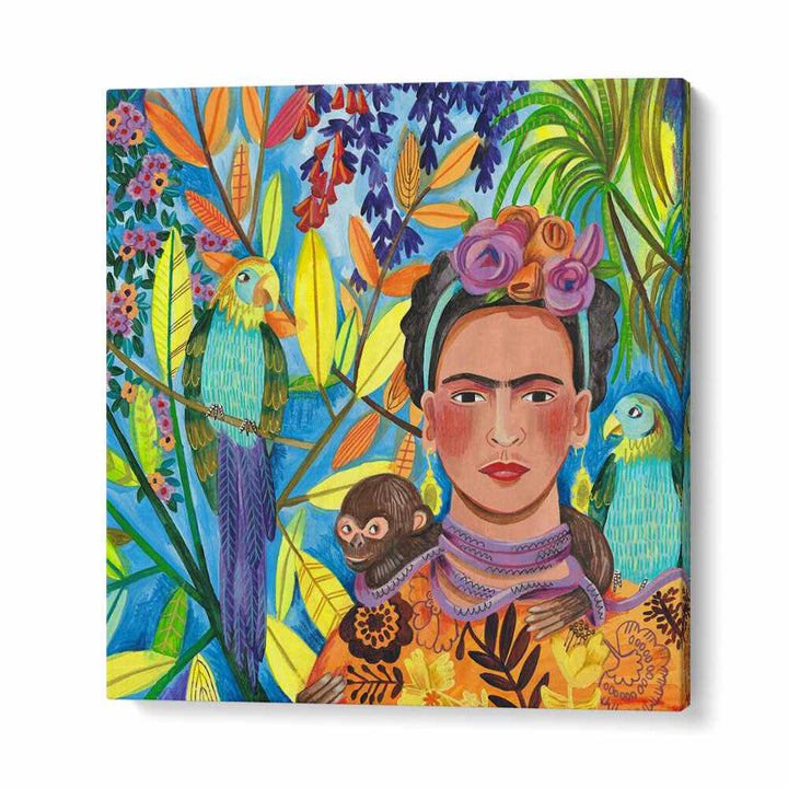 Frida and Her Parrots By Caroline Bonne Muller Woman Illustration Paintings in Gallery Wrap