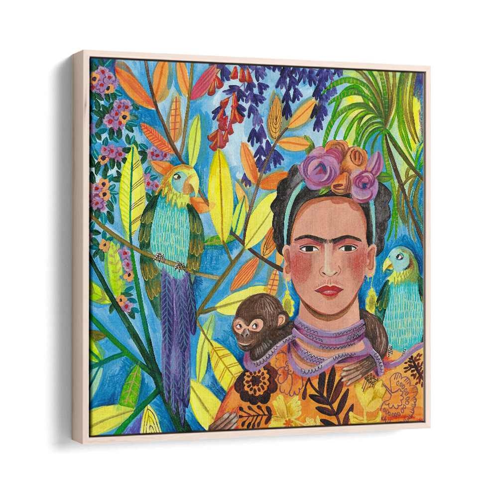 Frida and Her Parrots By Caroline Bonne Muller Woman Illustration Paintings in Oak Wood Floater Frame