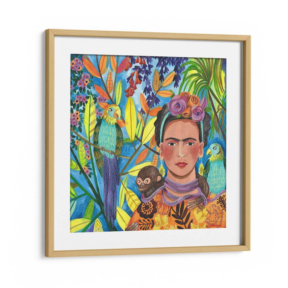 Frida and Her Parrots By Caroline Bonne Muller Woman Illustration Paintings in Oak Wood Frame With Mount