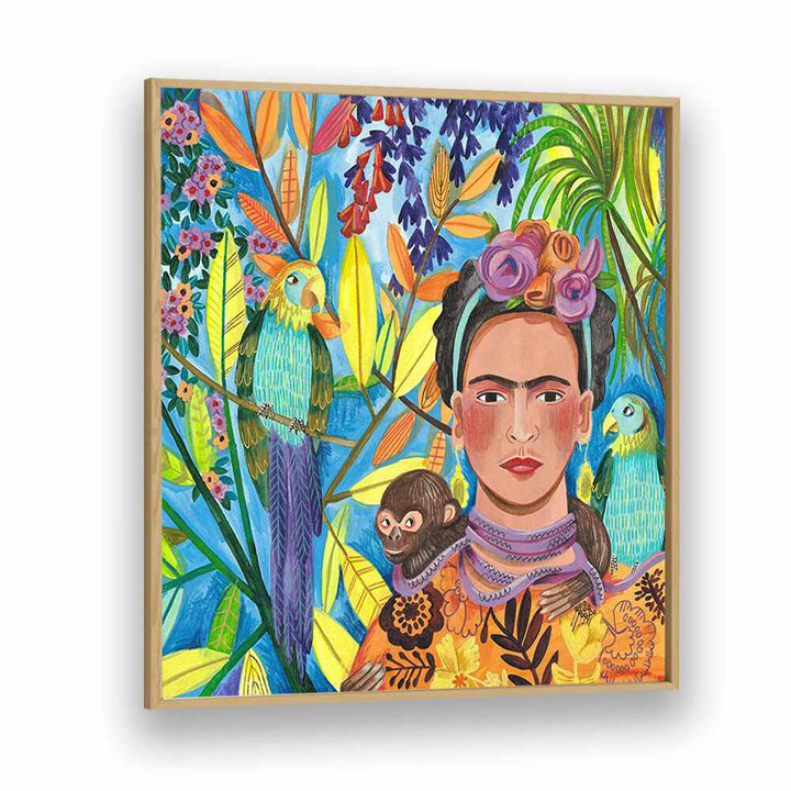 Frida and Her Parrots By Caroline Bonne Muller Woman Illustration Paintings in Oak Wood Plain Frame