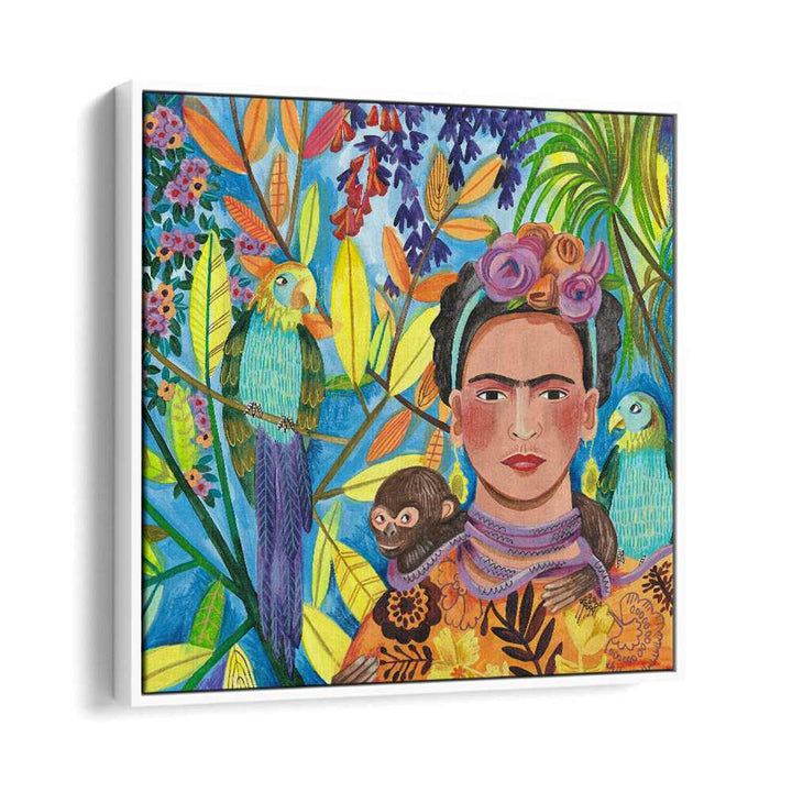 Frida and Her Parrots By Caroline Bonne Muller Woman Illustration Paintings in White Floater Frame