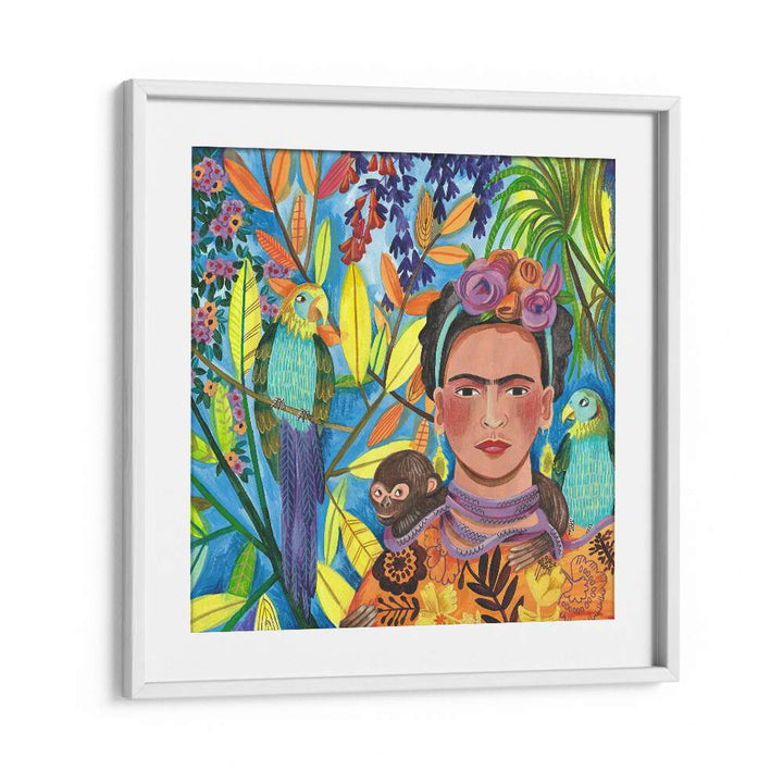 Frida and Her Parrots By Caroline Bonne Muller Woman Illustration Paintings in White Frame With Mount