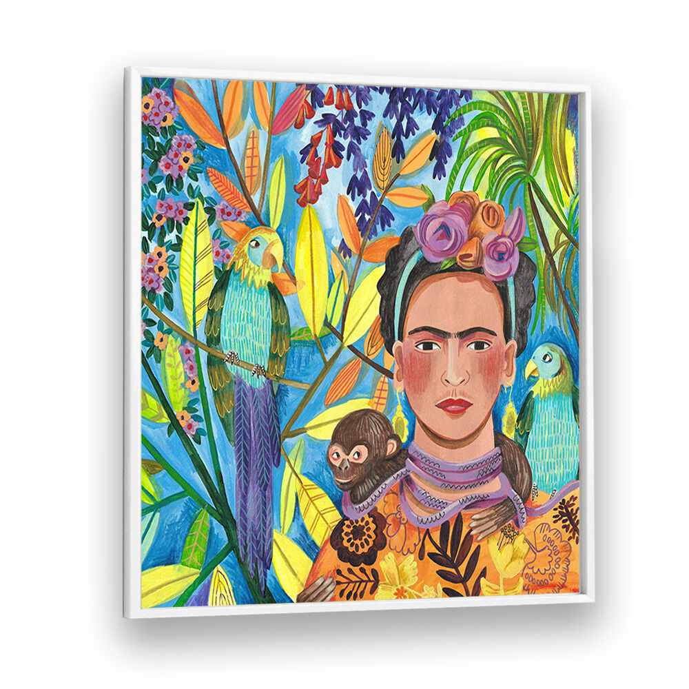 Frida and Her Parrots By Caroline Bonne Muller Woman Illustration Paintings in White Plain Frame