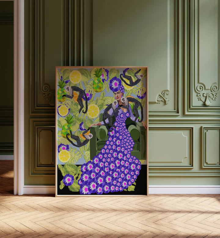 Frida in the Garden By Lynnda Rakos Pop Art Paintings Pop Art Prints in Oak Wood Plain Frame placed on the floor beside a window