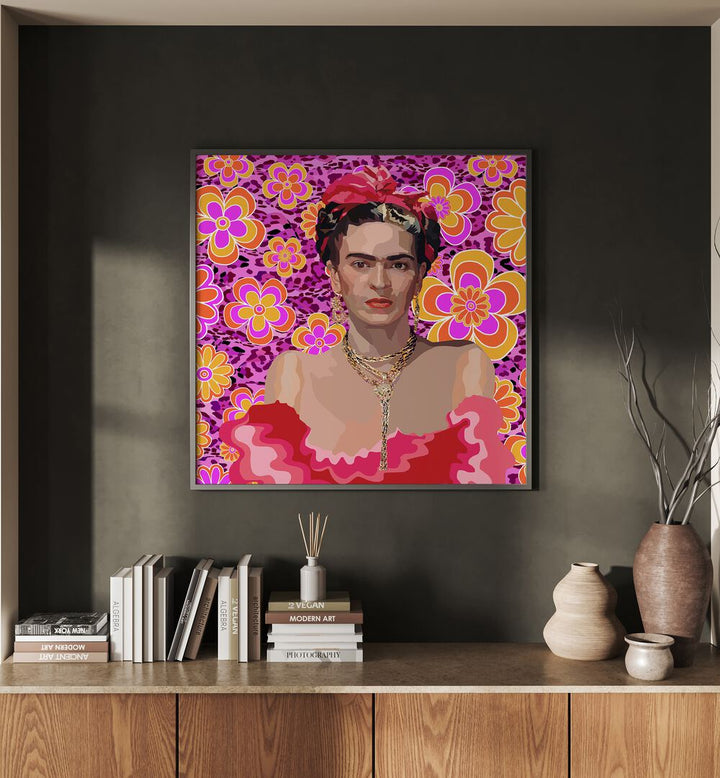 Frida the Queen By Lynnda Rakos Pop Art Paintings Pop Art Prints in Black Plain Frame placed on a wall behind a table