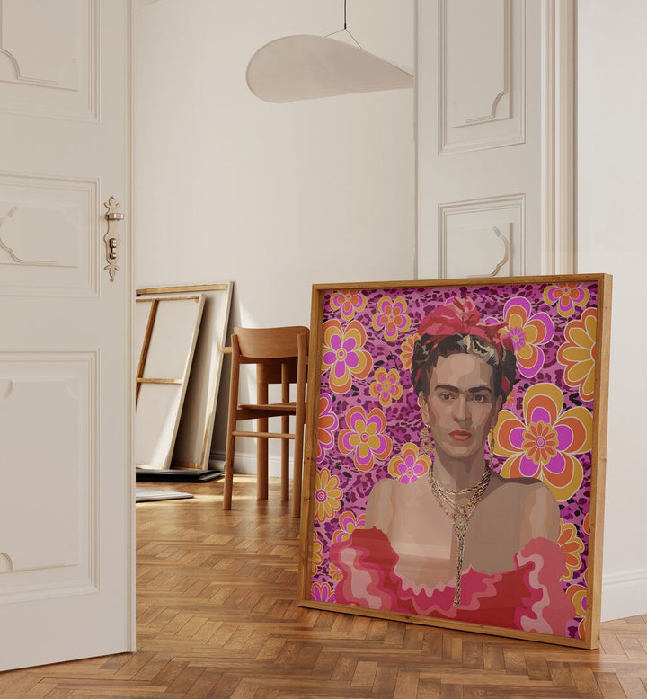 Frida the Queen By Lynnda Rakos Pop Art Paintings Pop Art Prints in Oak Wood Plain Frame placed on the floor beside a door