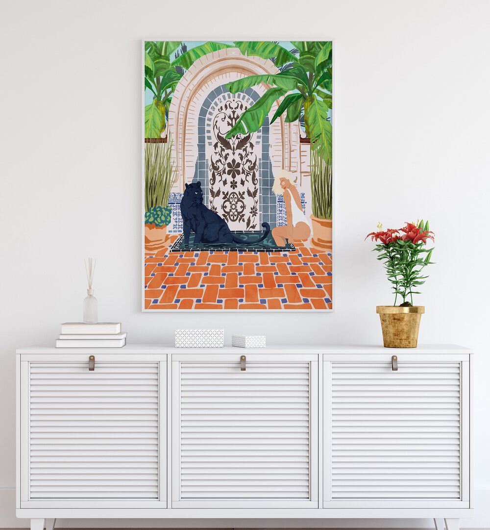 Frienaissance By Uma Gokhale Women Illustration Paintings in White Plain Frame on a white wall above a console table