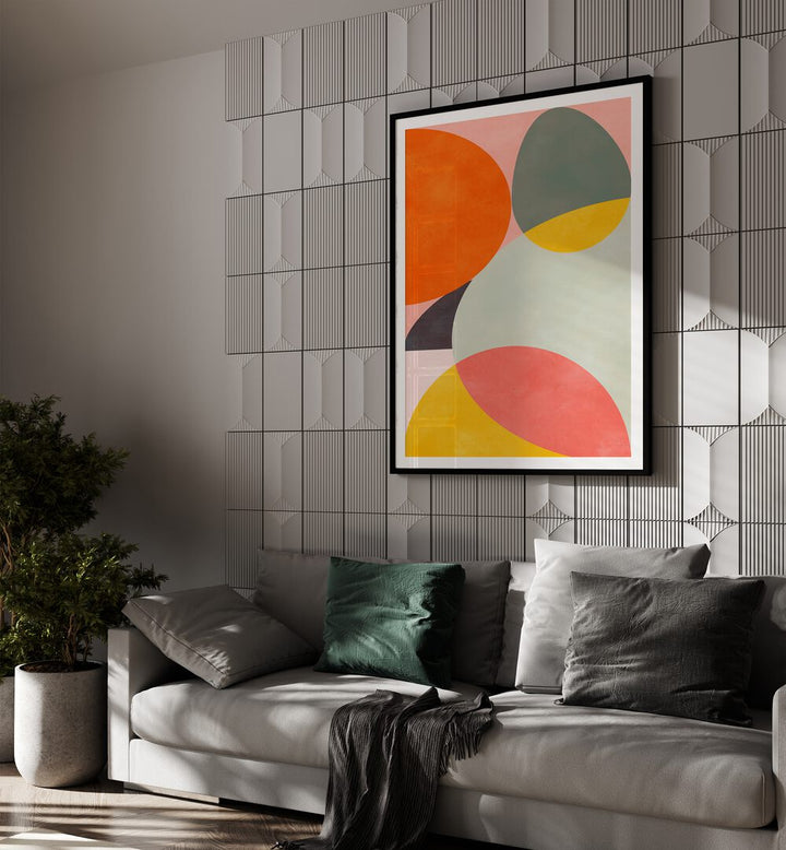 Friendly Colors I By Ana Rut Bre Landscape Art Prints in Black Frame With Mount placed on a Beige Colored Textured  Wall near a Grey Sofa in the Living Room