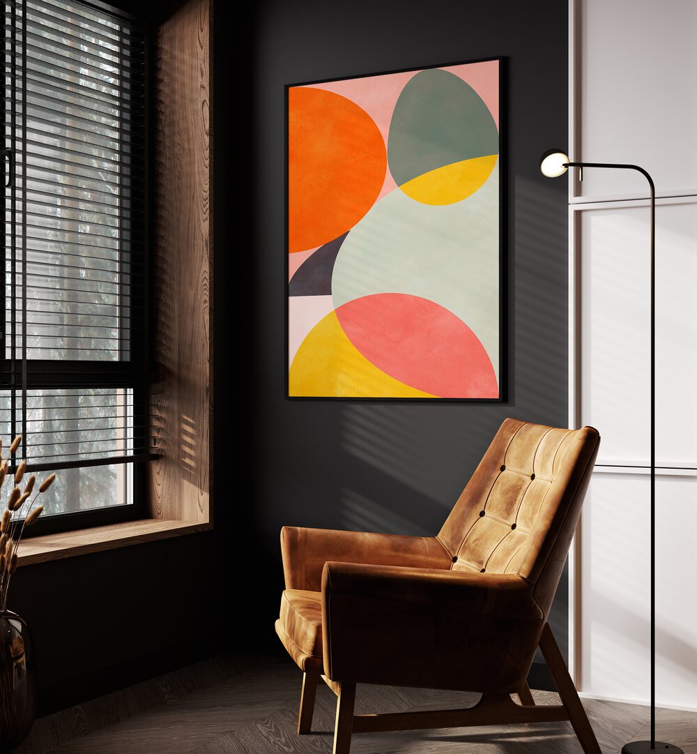 Friendly Colors I By Ana Rut Bre Landscape Art Prints in Black Plain Frame placed on a Dark Grey Colored Wall in the Drawing Room