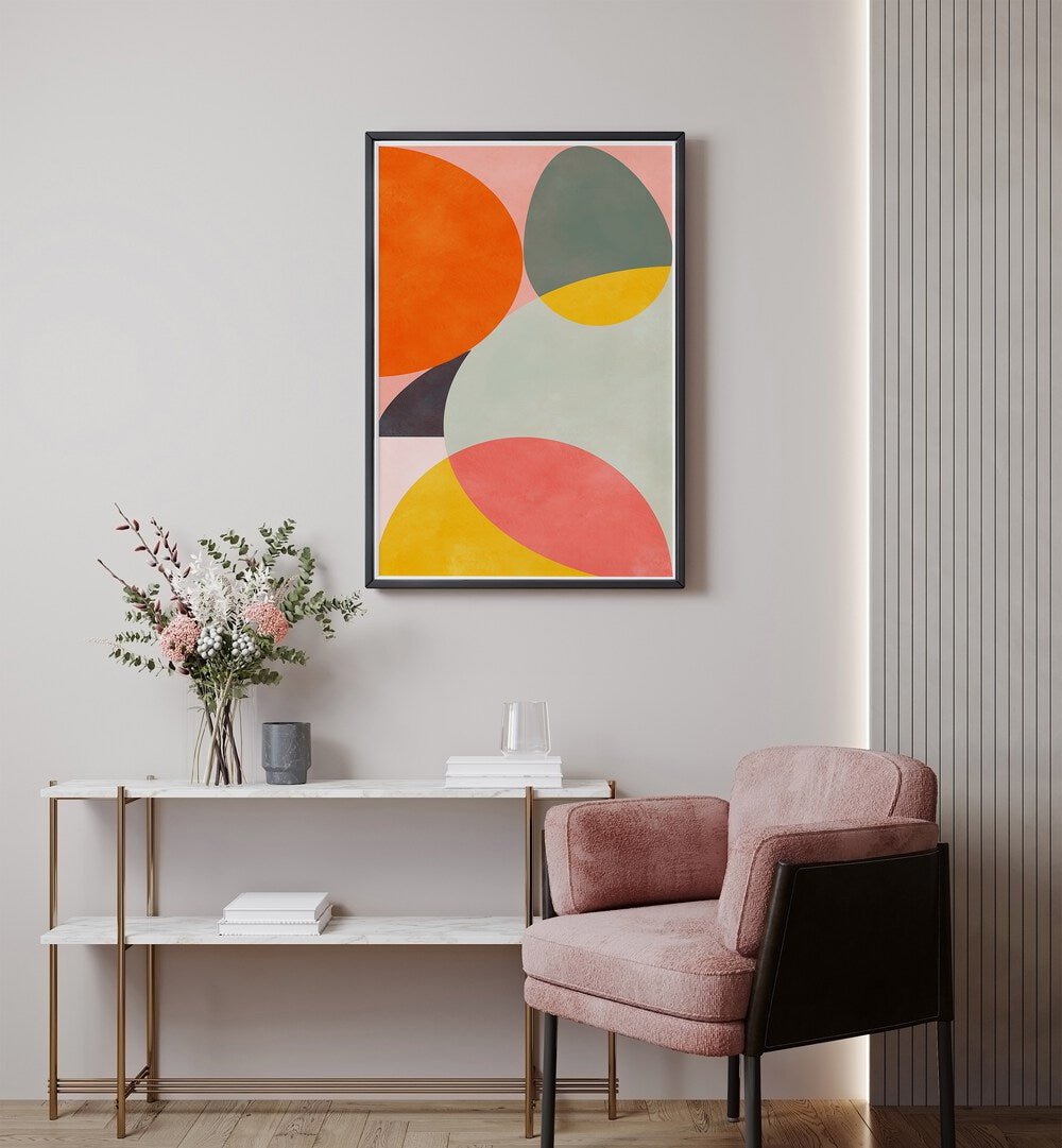 Friendly Colors I By Ana Rut Bre Landscape Art Prints in Black Plain Frame placed on a Cream Colored Wall above a Console Table in the Drawing Room