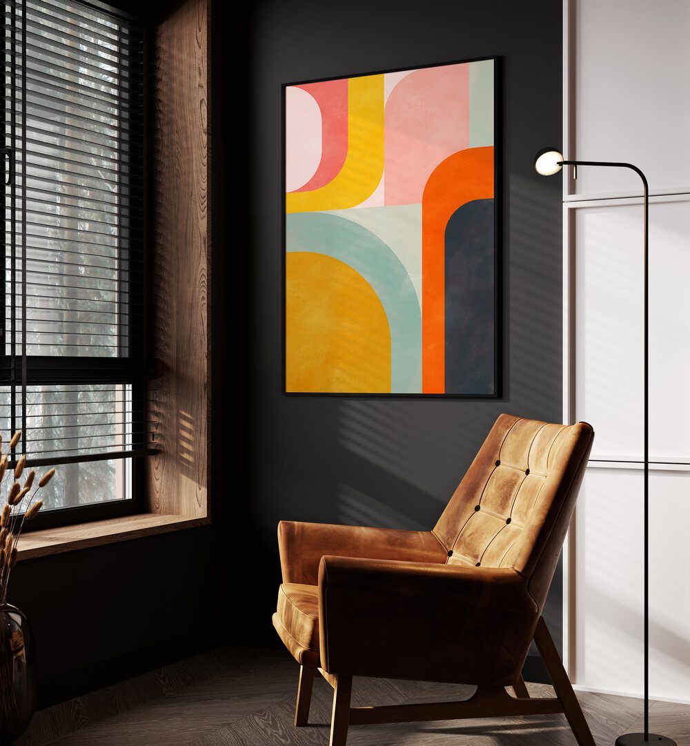 Friendly Colors II By Ana Rut Bre Landscape Art Prints in Black Plain Frame placed on a Dark Grey Colored Wall in the Drawing Room