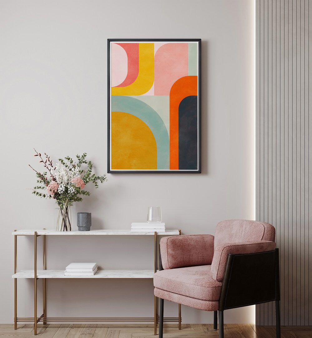 Friendly Colors II By Ana Rut Bre Landscape Art Prints in Black Plain Frame placed on a White Colored Wall in the Drawing Room