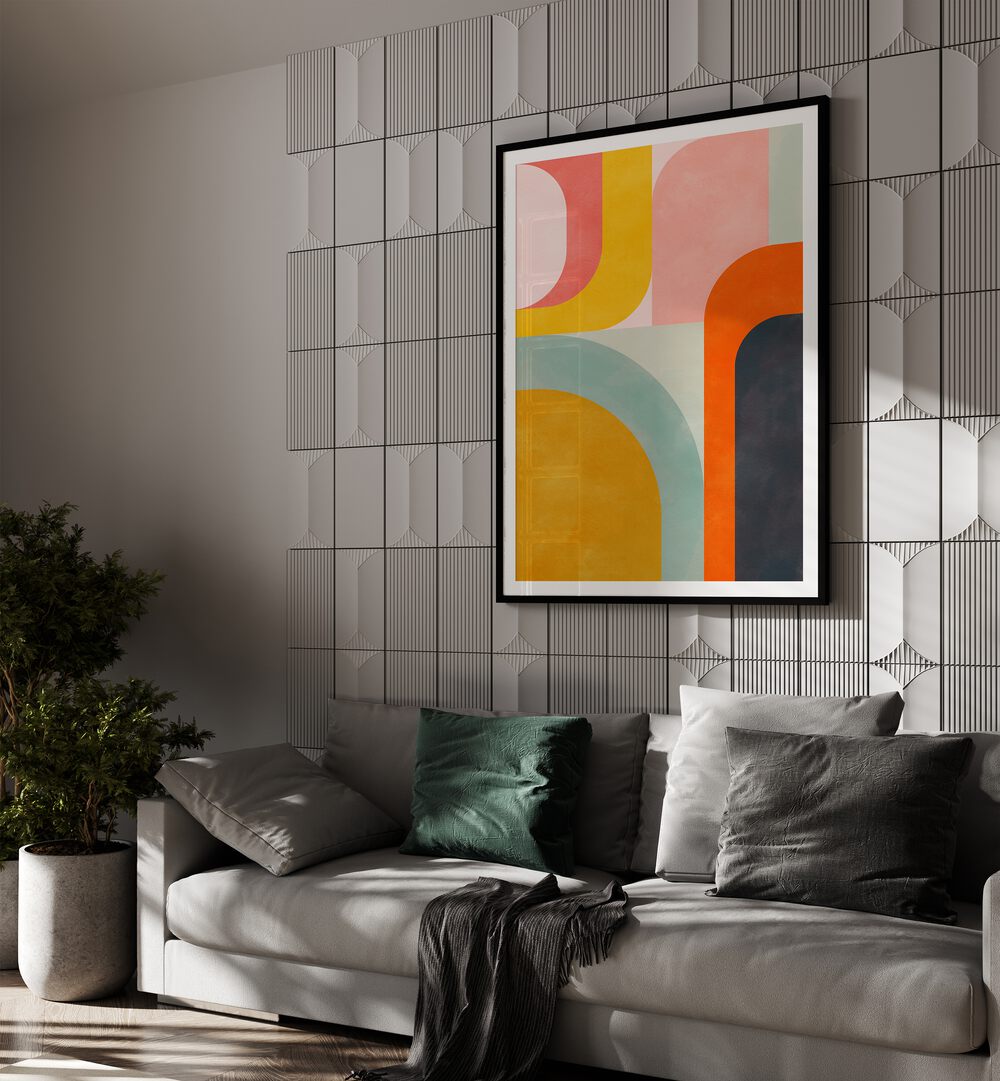 Friendly Colors II By Ana Rut Bre Landscape Art Prints in Black Frame With Mount placed on a Beige Colored Textured  Wall near a Grey  Sofa in the Living Room