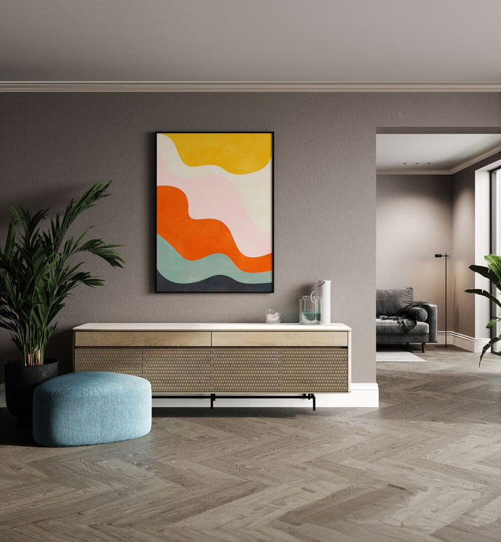 Friendly Colors III By Ana Rut Bre Landscape Art Prints in Black Plain Frame placed on a Beige Colored Wall above a Console Table in the Drawing Room