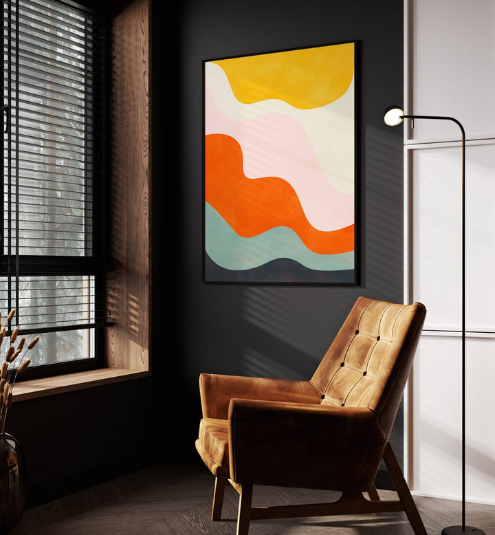 Friendly Colors III By Ana Rut Bre Landscape Art Prints in Black Plain Frame placed on a Dark Grey Colored Wall in the Drawing Room