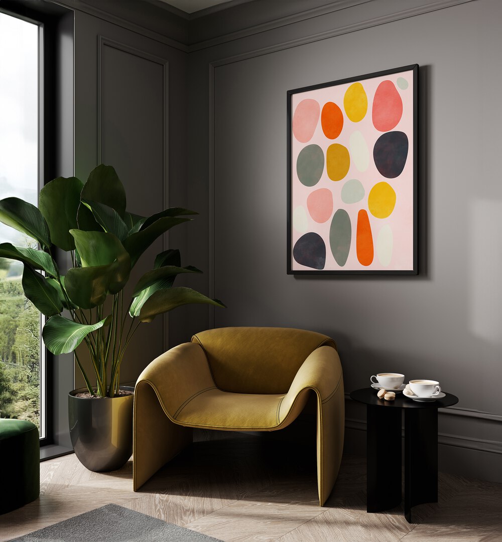 Friendly Colors IV By Ana Rut Bre Landscape Art Prints in Black Plain Frame placed on a Grey Colored Wall in the Drawing Room