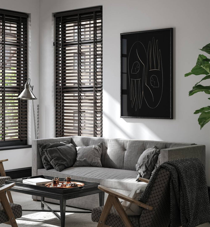 Stylish living room featuring FRIENDLY HANDS, LINE ART PAINTINGS, enhancing modern decor with unique art.