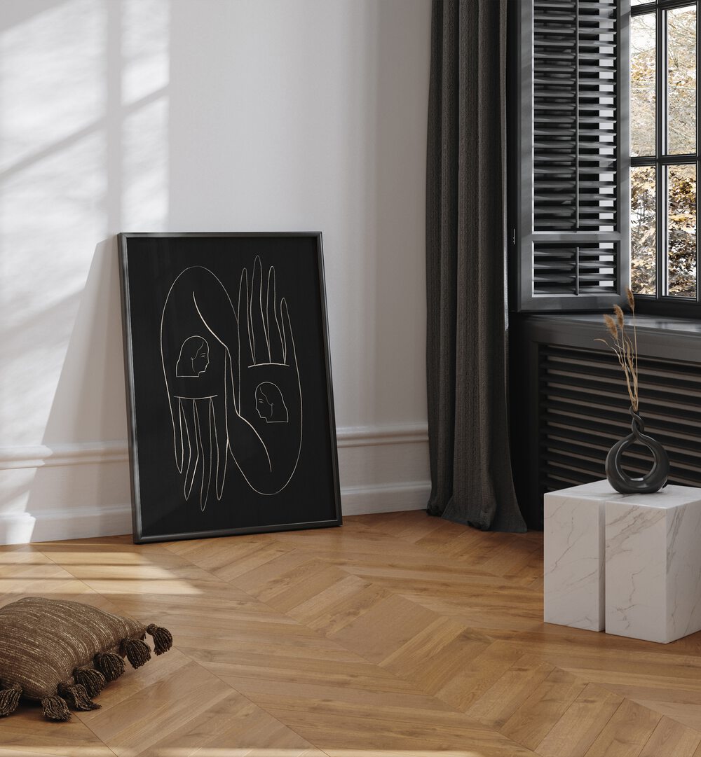 Stylish FRIENDLY HANDS, LINE ART PAINTINGS displayed in a modern room, adding elegance and comfort to any space.