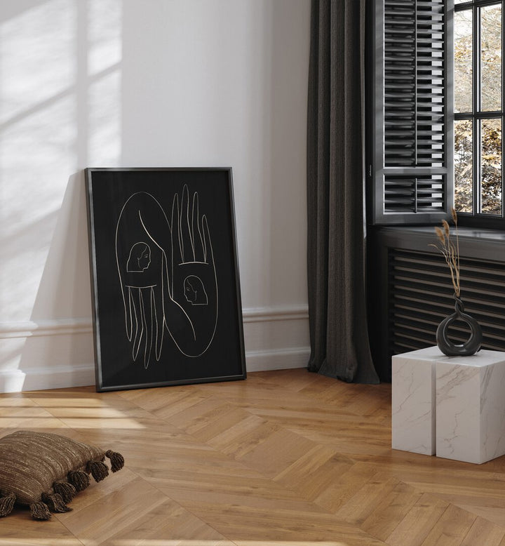 Stylish FRIENDLY HANDS, LINE ART PAINTINGS displayed in a modern room, adding elegance and comfort to any space.