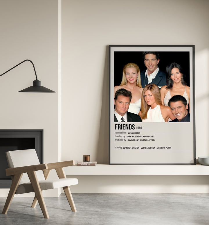 Friends 1994 I Movie Posters in Black Plain Frame placed on a shelf beside a hearth