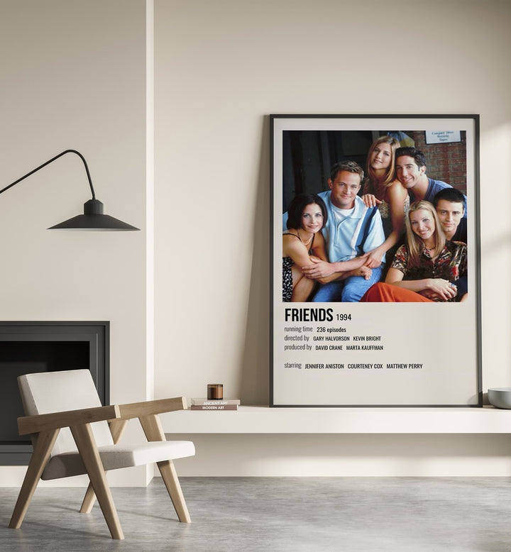 Friends 1994 II Movie Posters in Black Plain Frame placed on a shelf beside a hearth