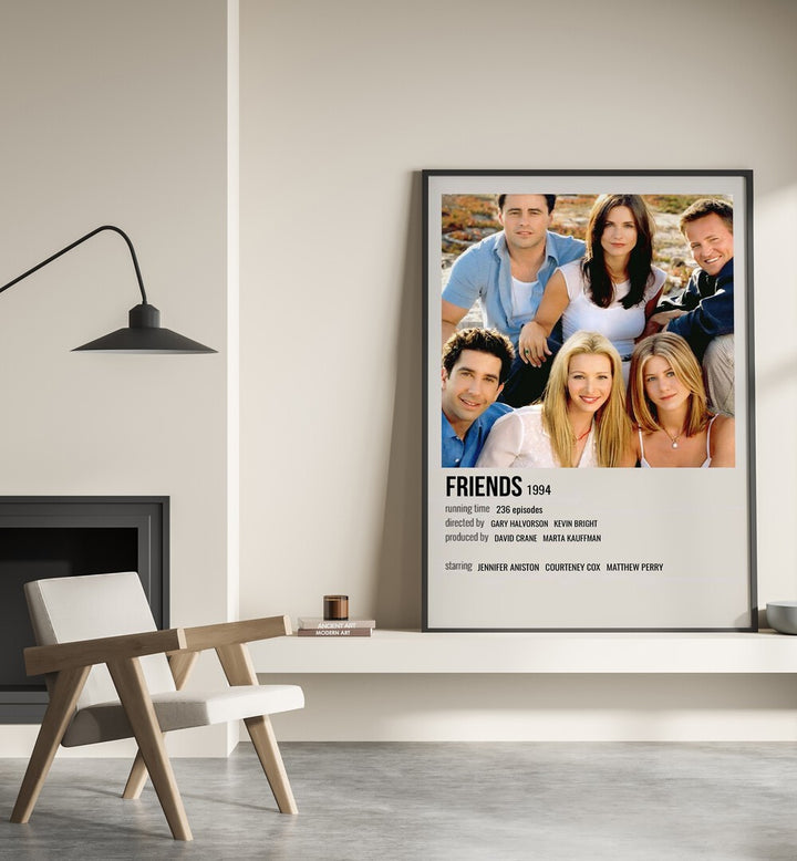 Friends 1994 III Movie Posters in Black Plain Frame placed on a shelf beside a hearth