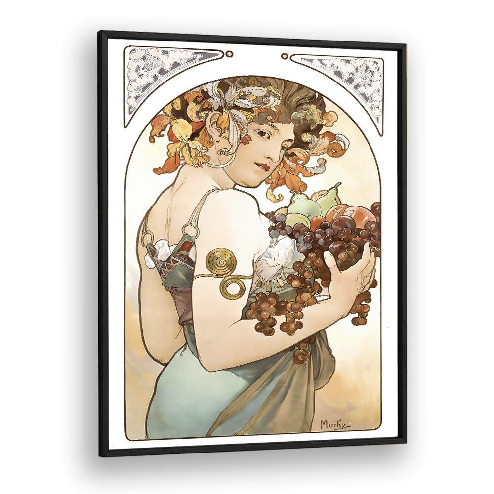 Fruit 1897 By Alphonse Mucha Vintage Paintings in Black Plain Frame