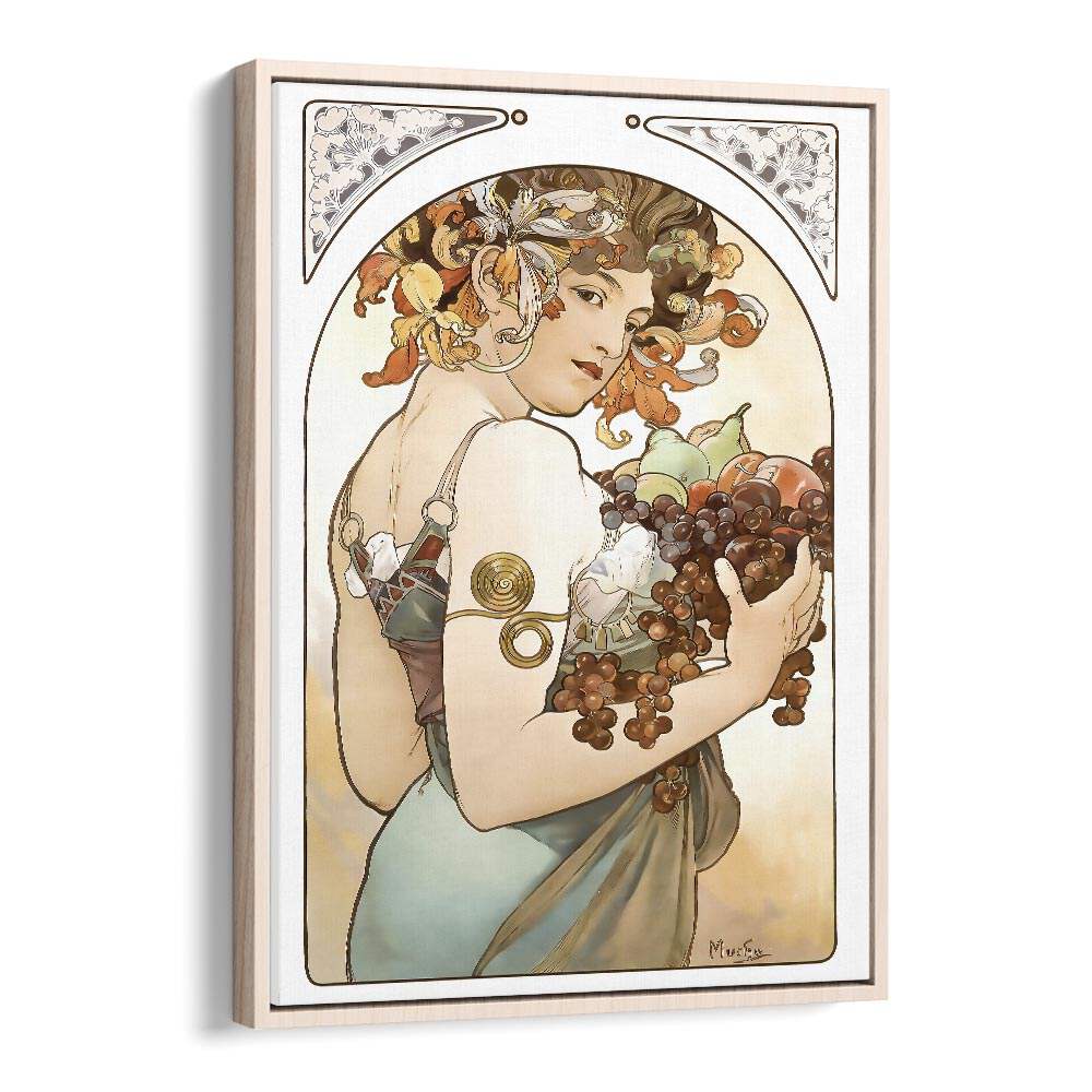 Fruit 1897 By Alphonse Mucha Vintage Paintings in Oak Wood Floater Frame