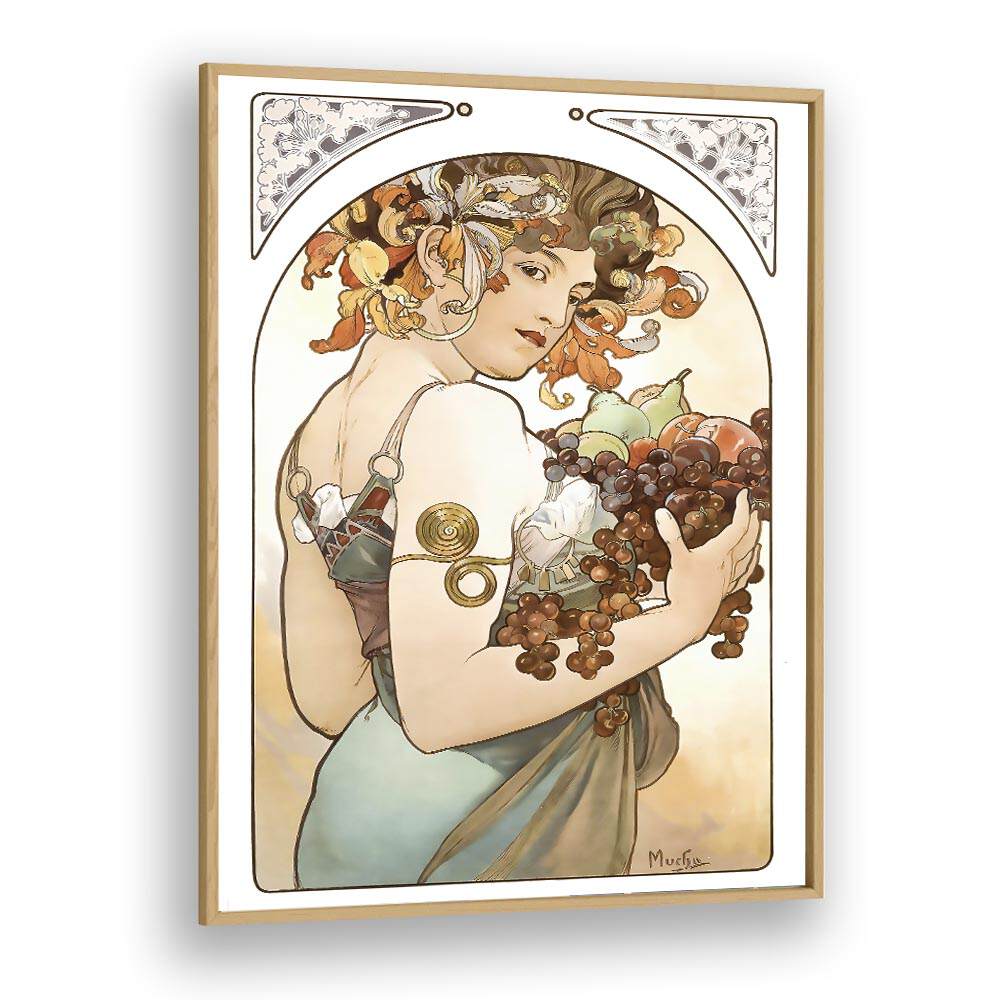 Fruit 1897 By Alphonse Mucha Vintage Paintings in Oak Wood Plain Frame