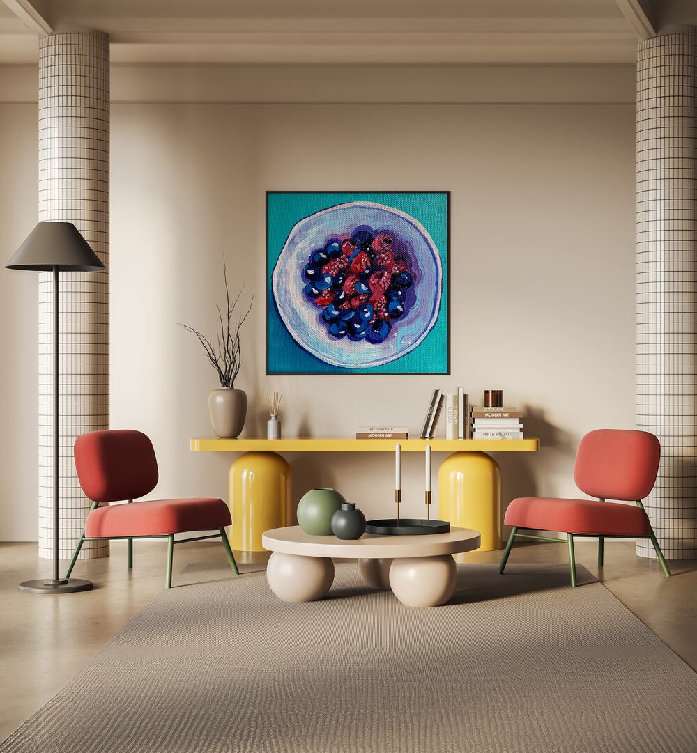 Fruit Bowl By Key And Sea Creative Bar and Cafe Artwork in Black Plain Frame on beige wall for living room