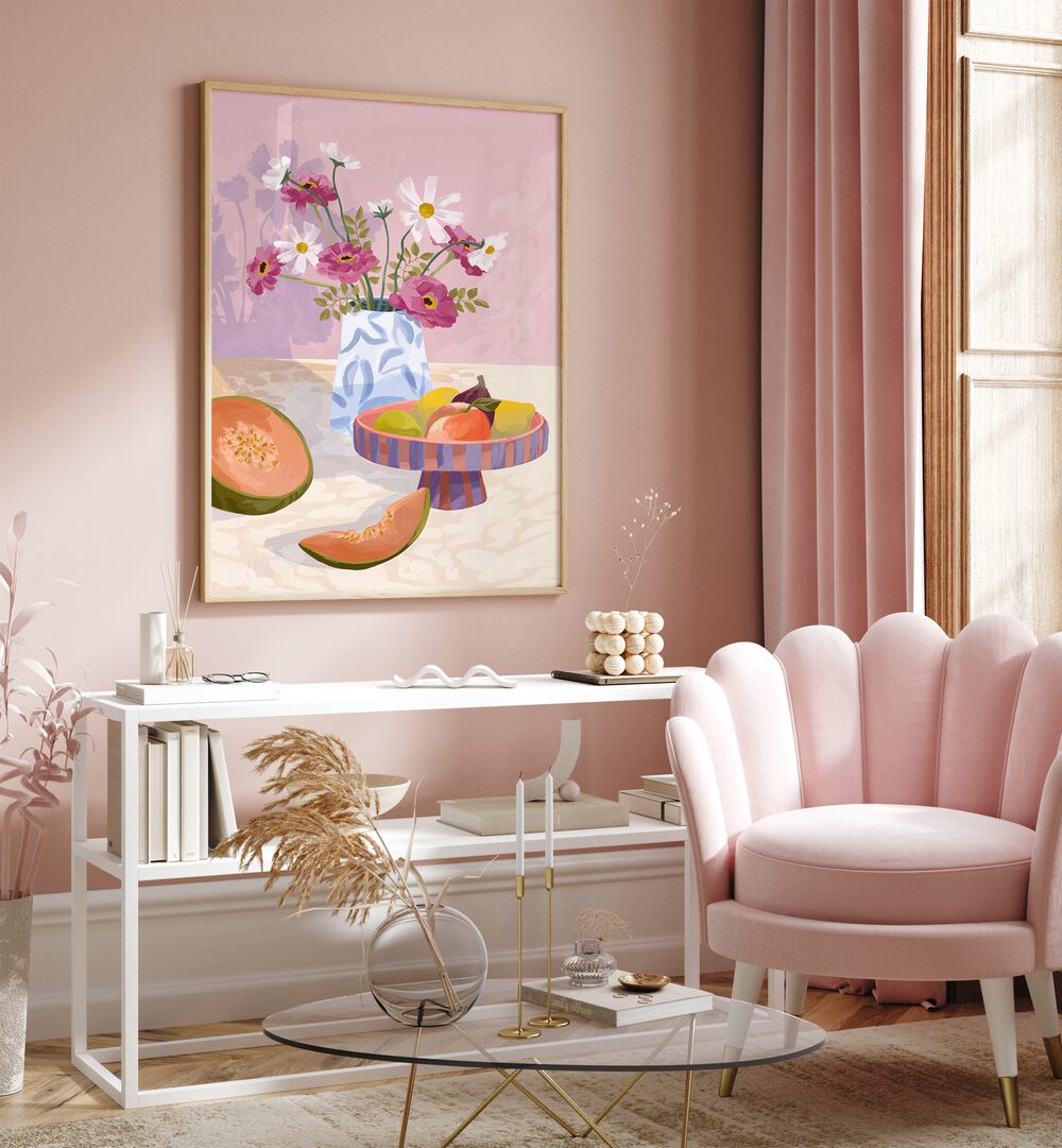 Fruit Break By Goed Blauw Kitchen Art Prints in Oak Wood Plain Frame  placed on a Pink Colored Wall above a Table in the Drawing Room