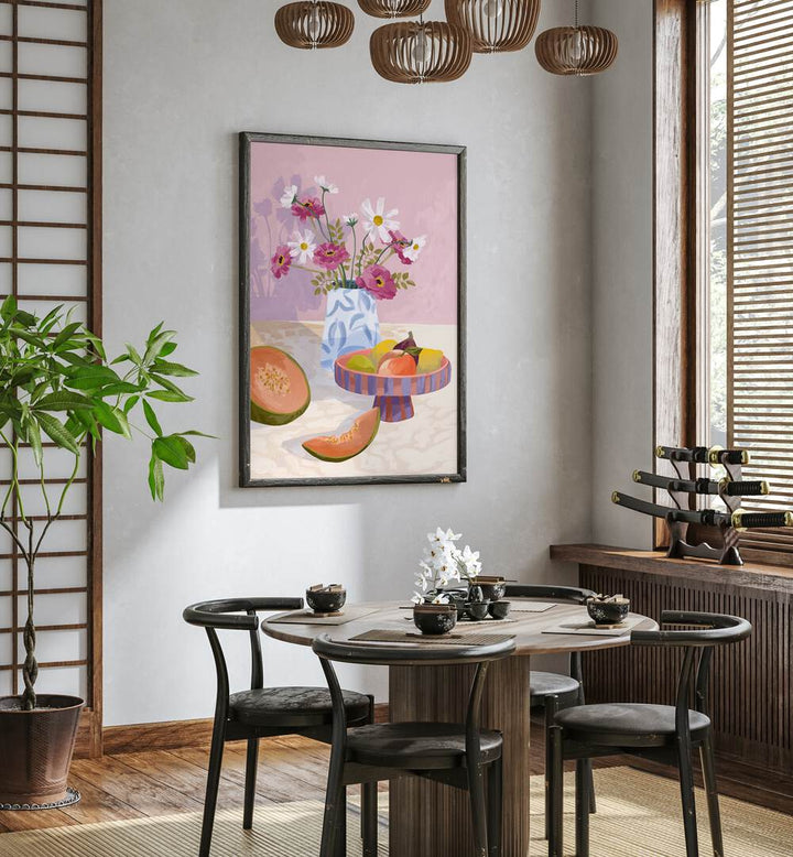 Fruit Break By Goed Blauw Kitchen Art Prints in Dark Wood Plain Frame placed on a White Colored Wall near a Coffee Table in the Dining Room