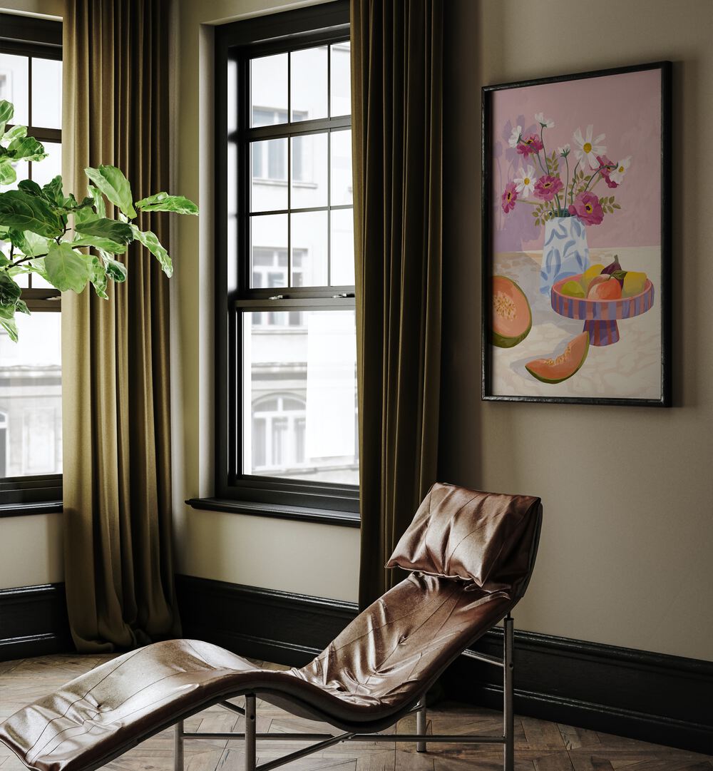 Fruit Break By Goed Blauw Kitchen Art Prints in Black Plain Frame placed on a Beige Colored Wall  in the Drawing Room