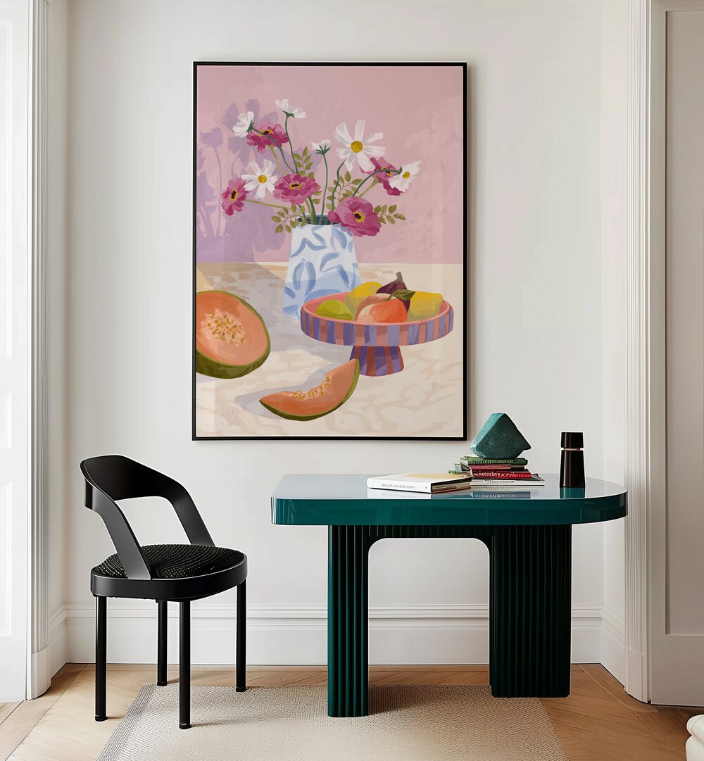 Fruit Break By Goed Blauw Kitchen Art Prints in Black Plain Frame placed on a Cream Colored Wall above a Table in the Drawing Room